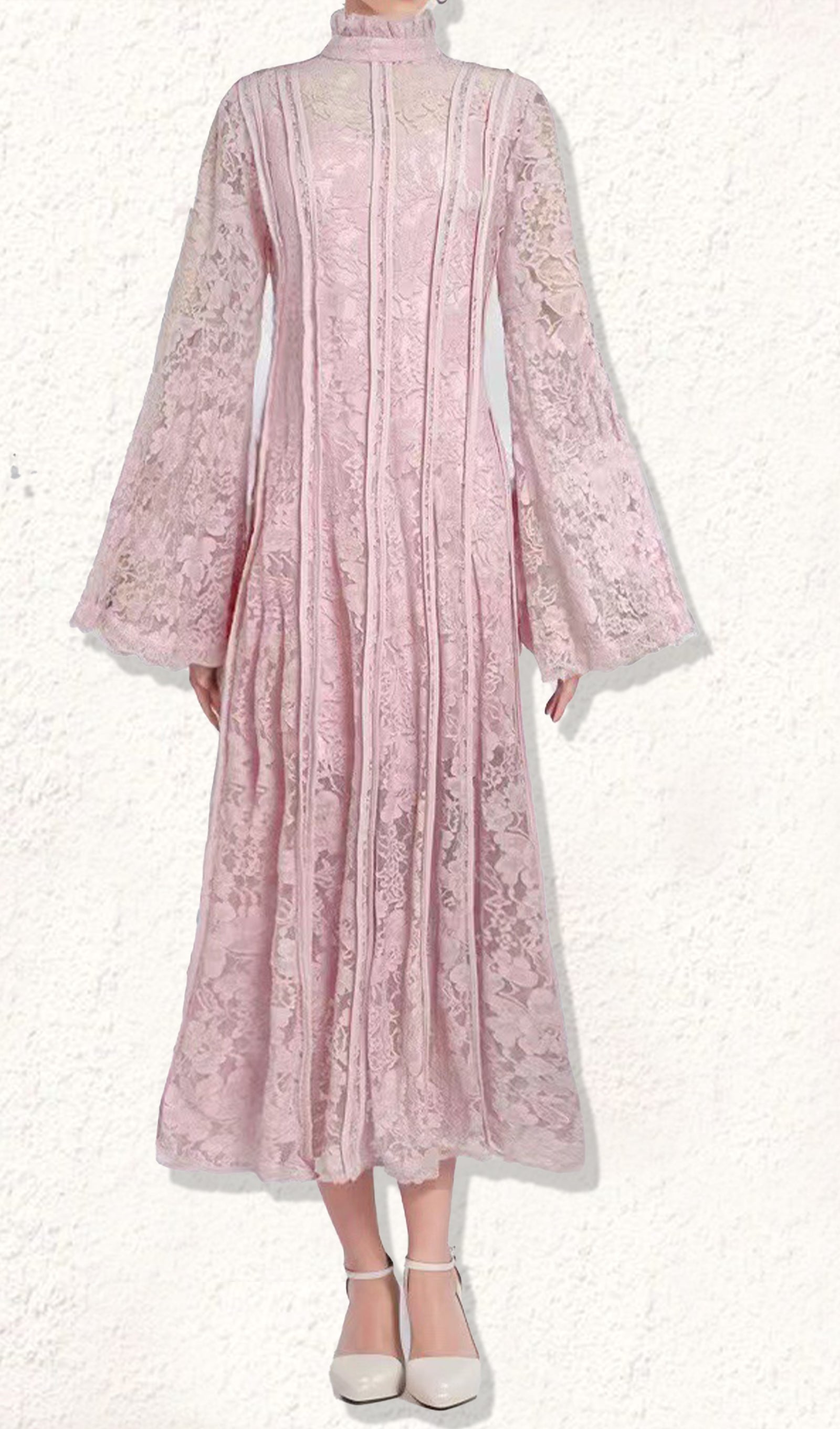 Dantel Korse Çan Kollu Maksi Elbise Beyaz