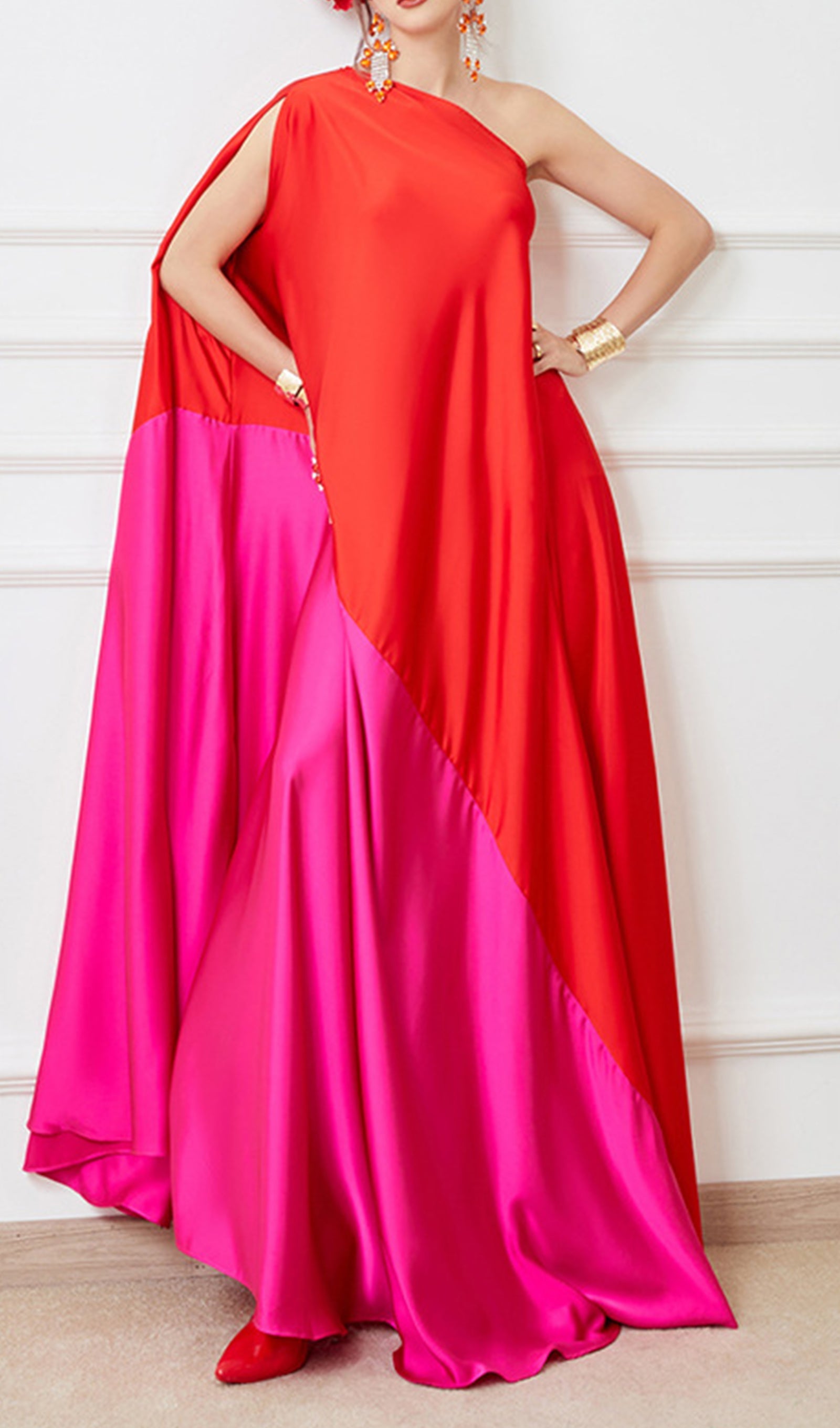 Renk Bloklu Saten Maksi Elbise