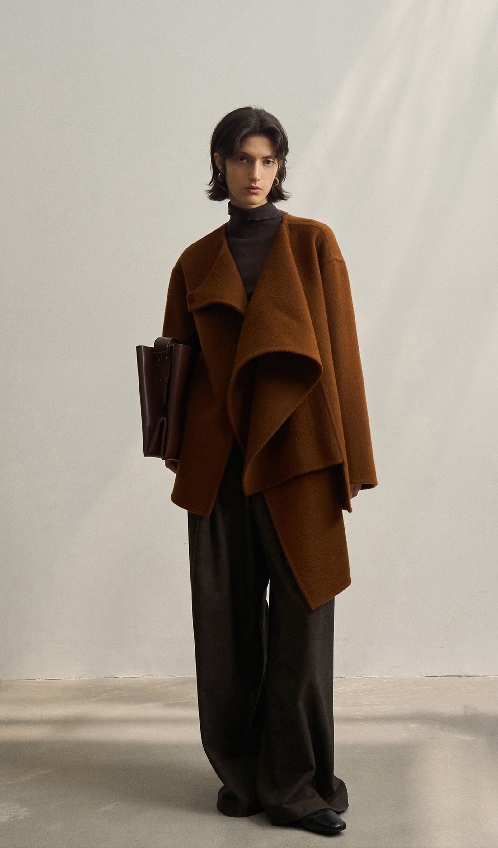 Solid Pelerin Stili %100 Yün Kaban-Kestane