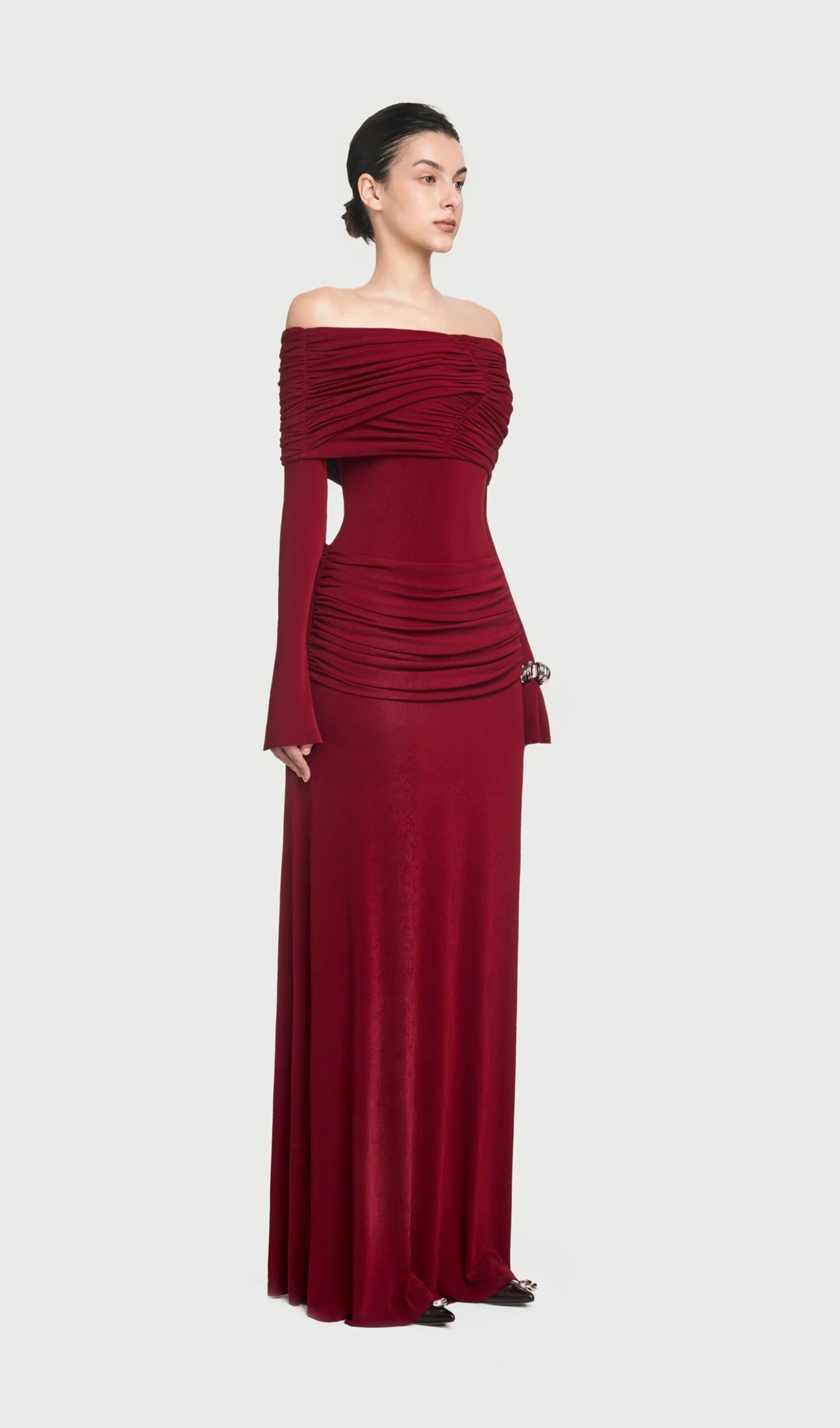 Jersey Drapeli Omuzları Açık Maksi Elbise