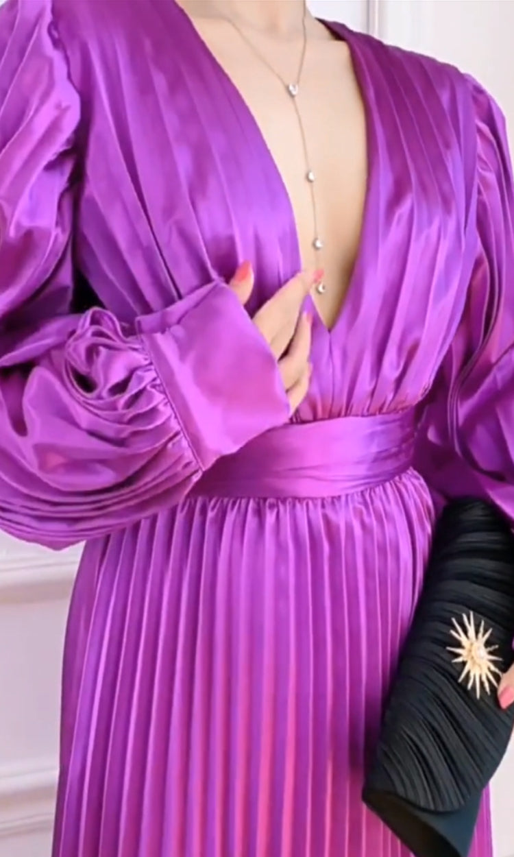 Mor Saten Pileli Maksi Elbise