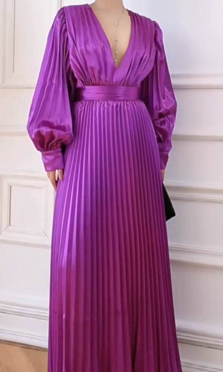 Mor Saten Pileli Maksi Elbise