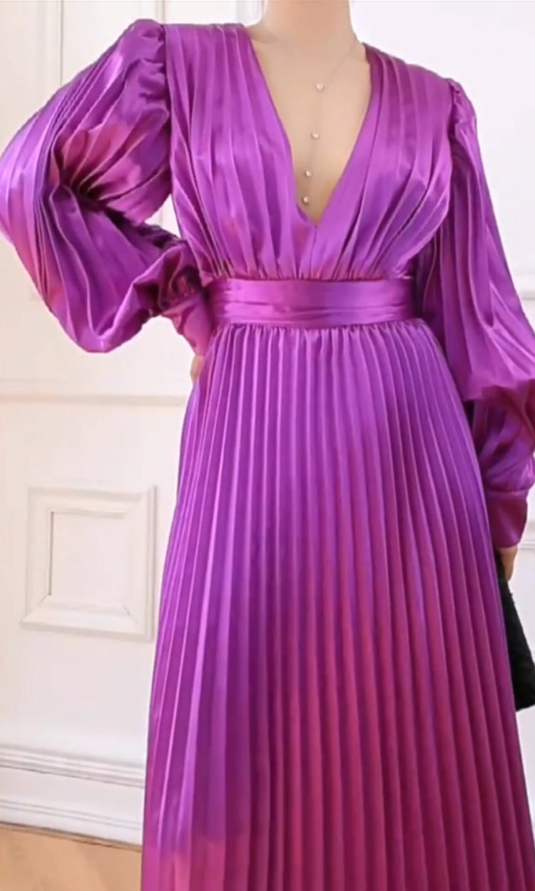 Mor Saten Pileli Maksi Elbise