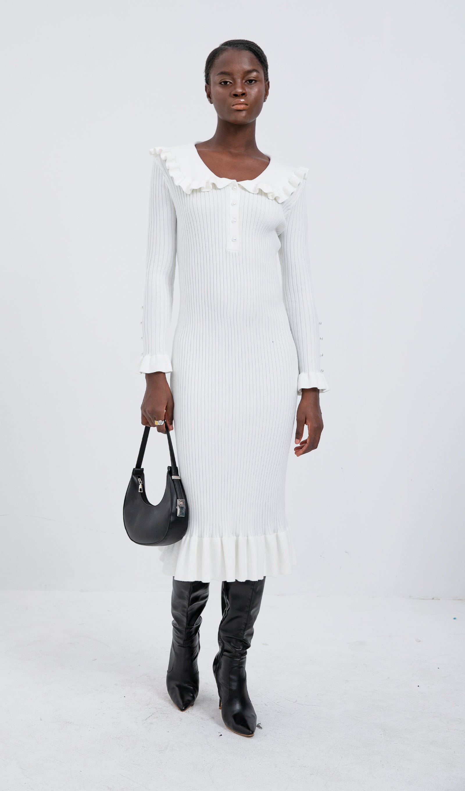 Trendy Örme Fırfırlı Midi Elbise-Beyaz