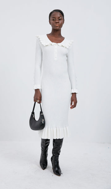 Trendy Örme Fırfırlı Midi Elbise-Beyaz