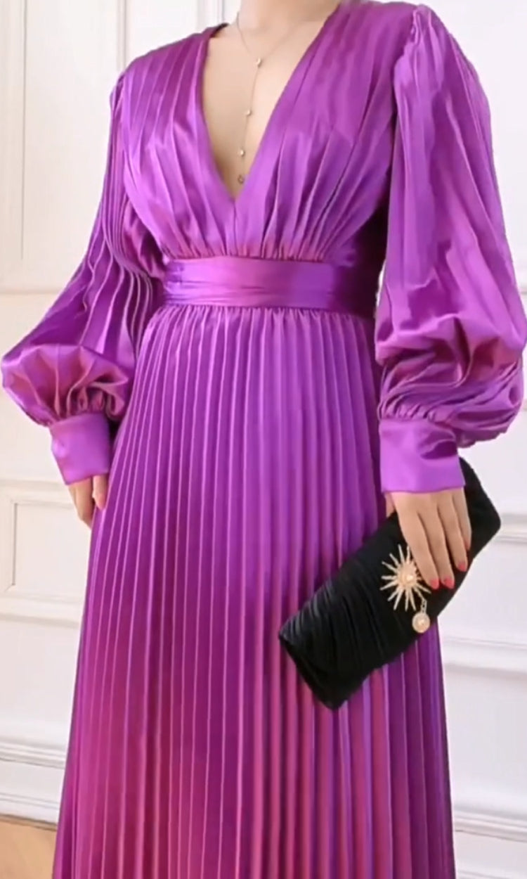 Mor Saten Pileli Maksi Elbise