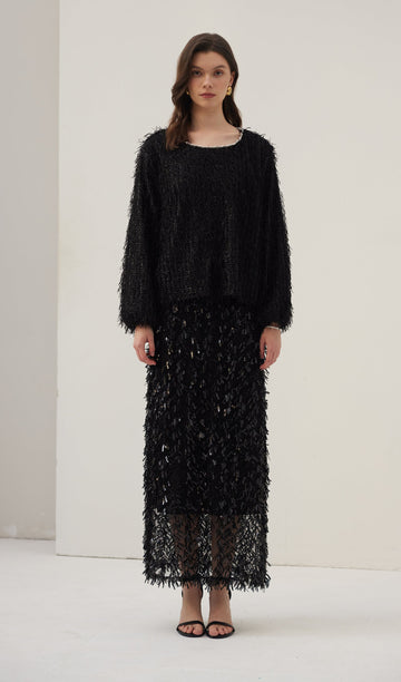 Siyah Tüylü Midi Etek