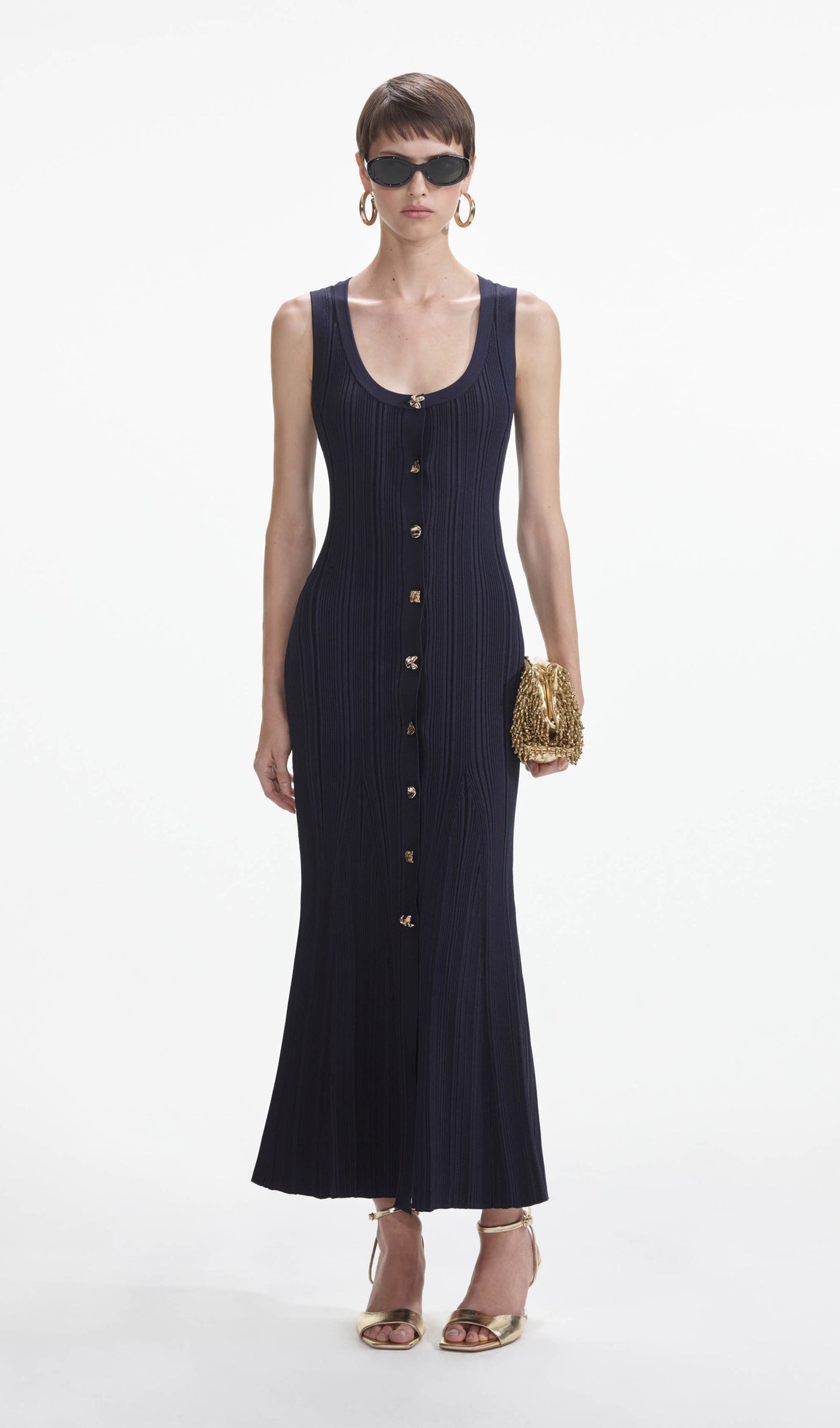 Metalik Düğmeli Örgü Midi Elbise