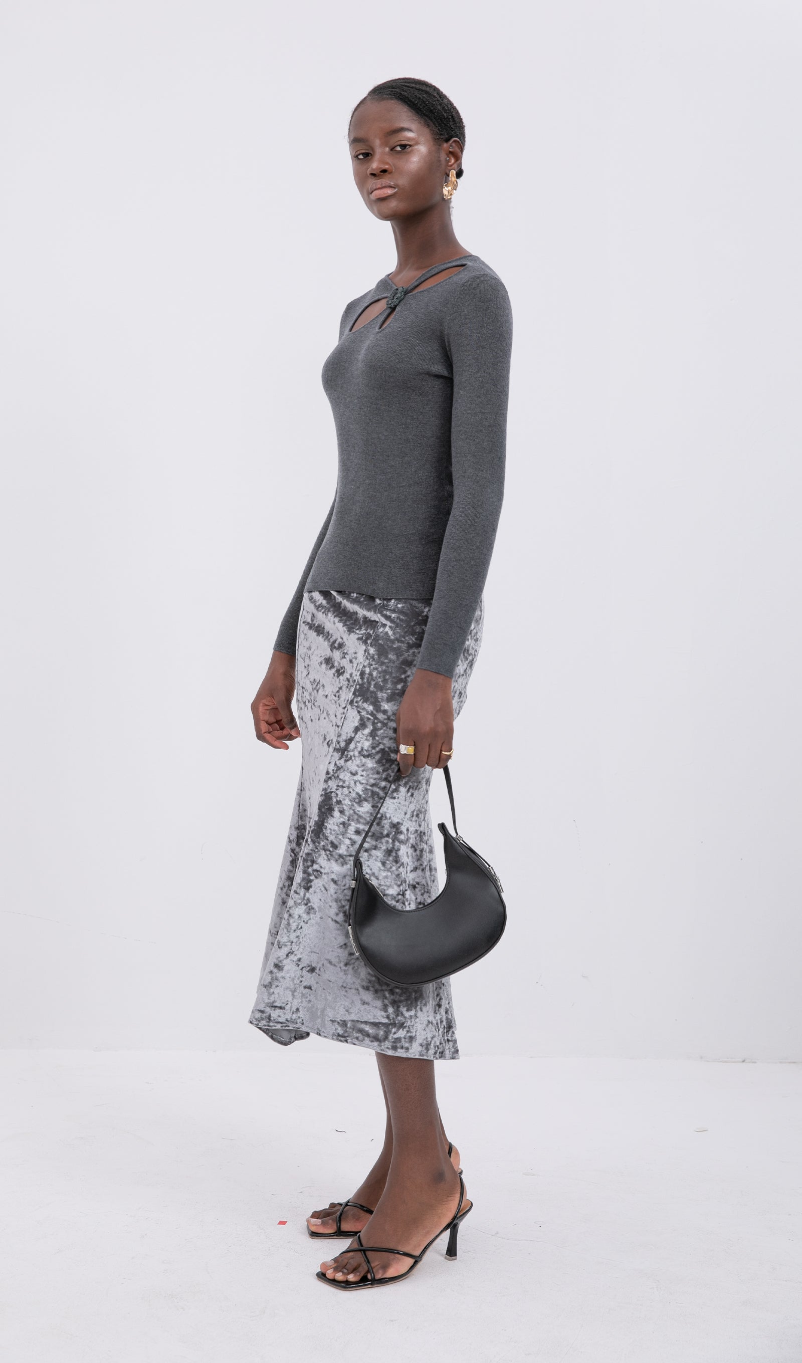 Trendy Yüksek Bel Kadife Midi Etek-Gümüş