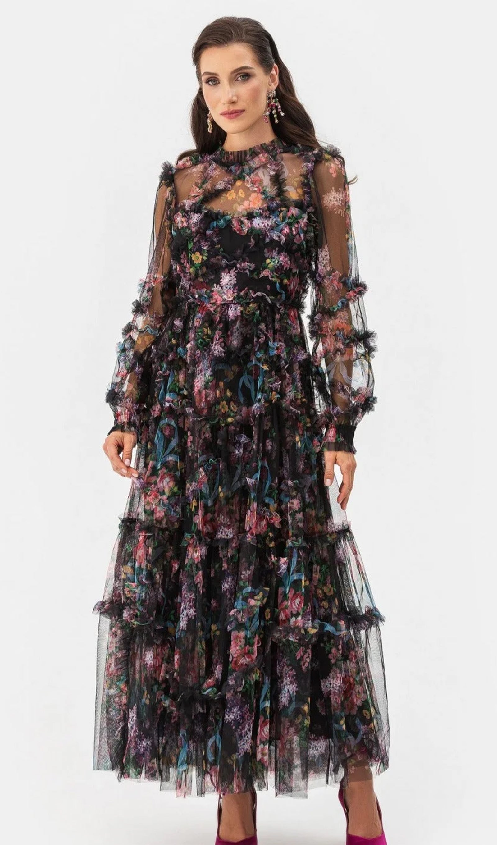 Uzun Kollu Çiçekli Fırfırlı Maksi Örgü Elbise