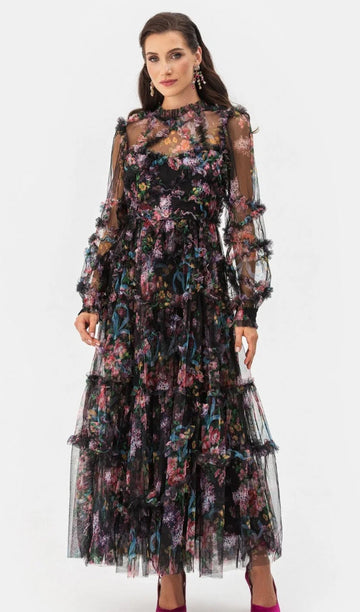Uzun Kollu Çiçekli Fırfırlı Maksi Örgü Elbise