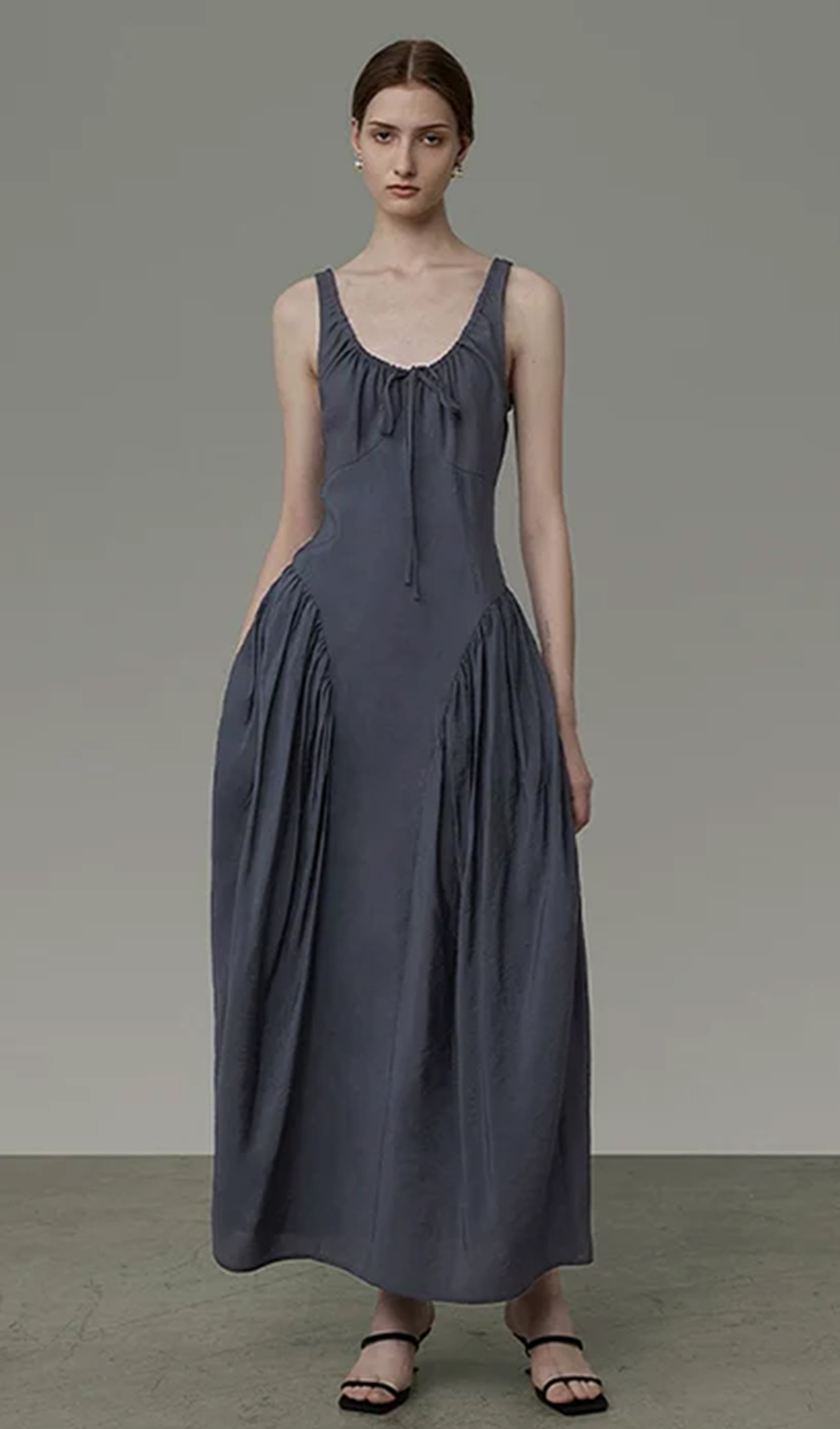 Düz Dantelli Önü Kravatlı Maksi A-Line Elbise