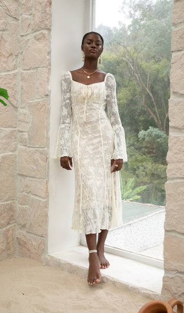 Trendy Vintage Krem Dantel Maksi Elbise