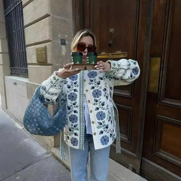 Günlük Sokak Çiçekleri Dantel Yukarı Düğmeler Patchwork O Yaka Dış Giyim