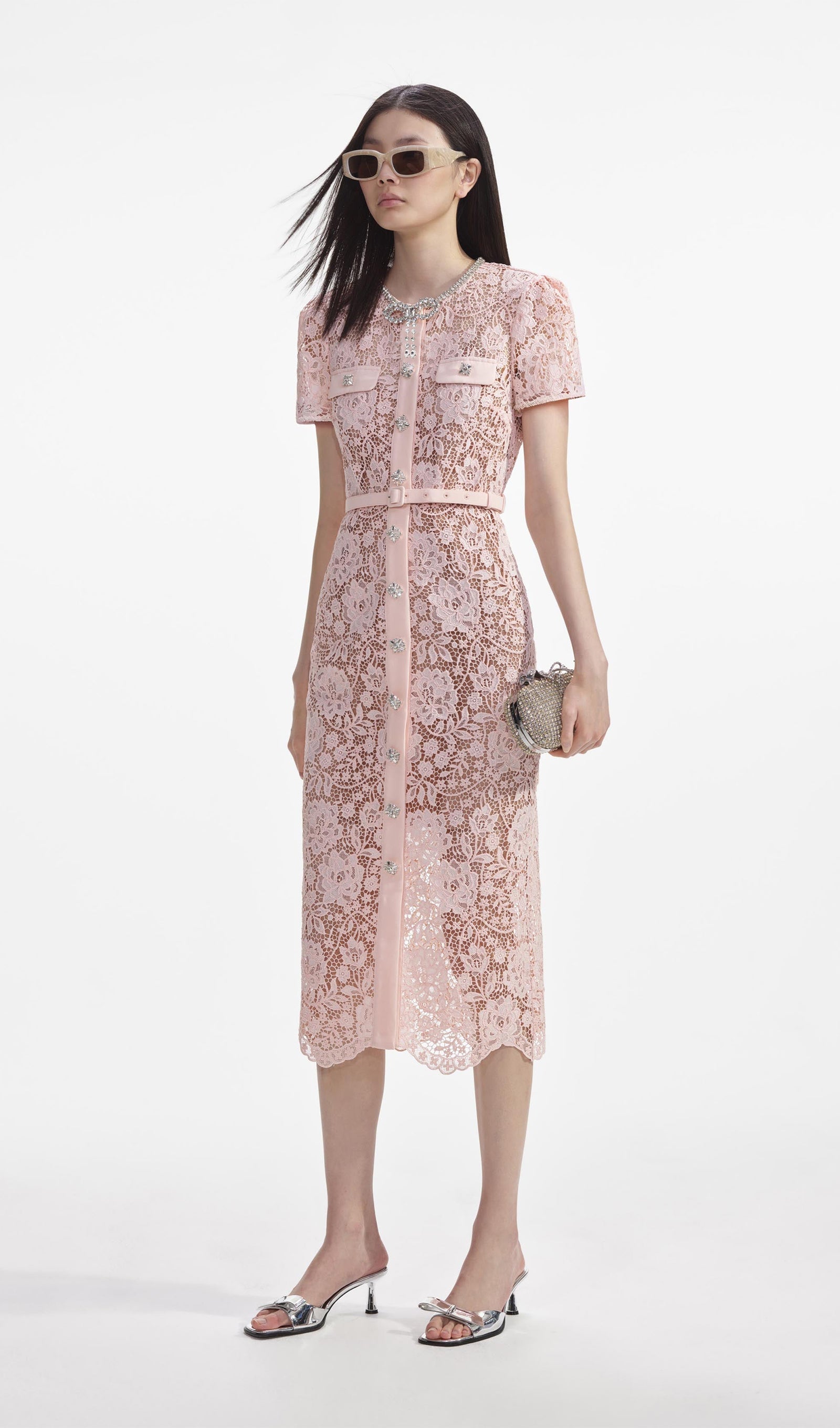 Dantel Diamante Fiyonklu Midi Elbise