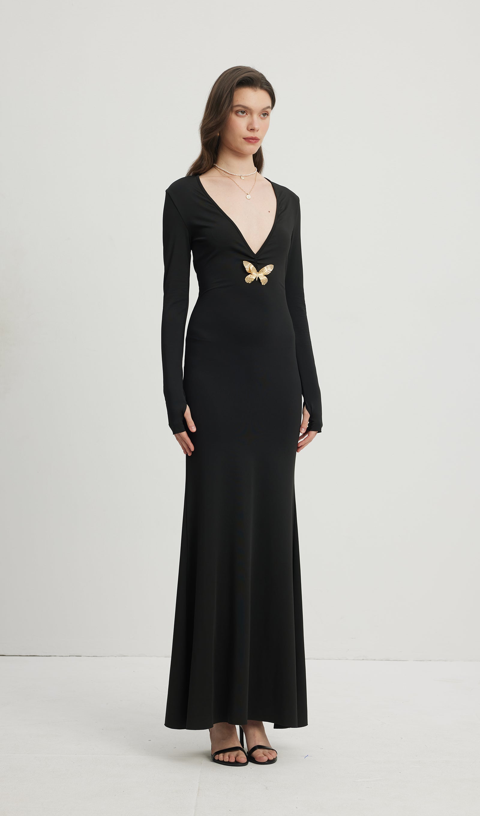 Derin V Yaka Maksi Elbise Siyah