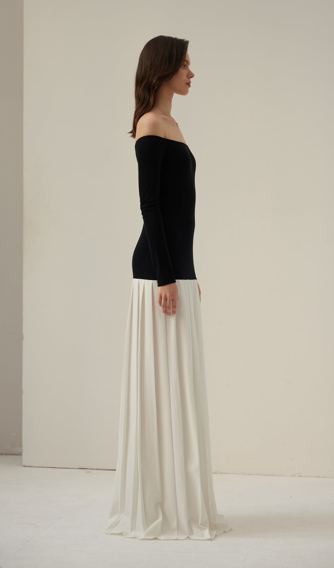 Kontrast Örgü Kapalı Omuz Maksi Elbise