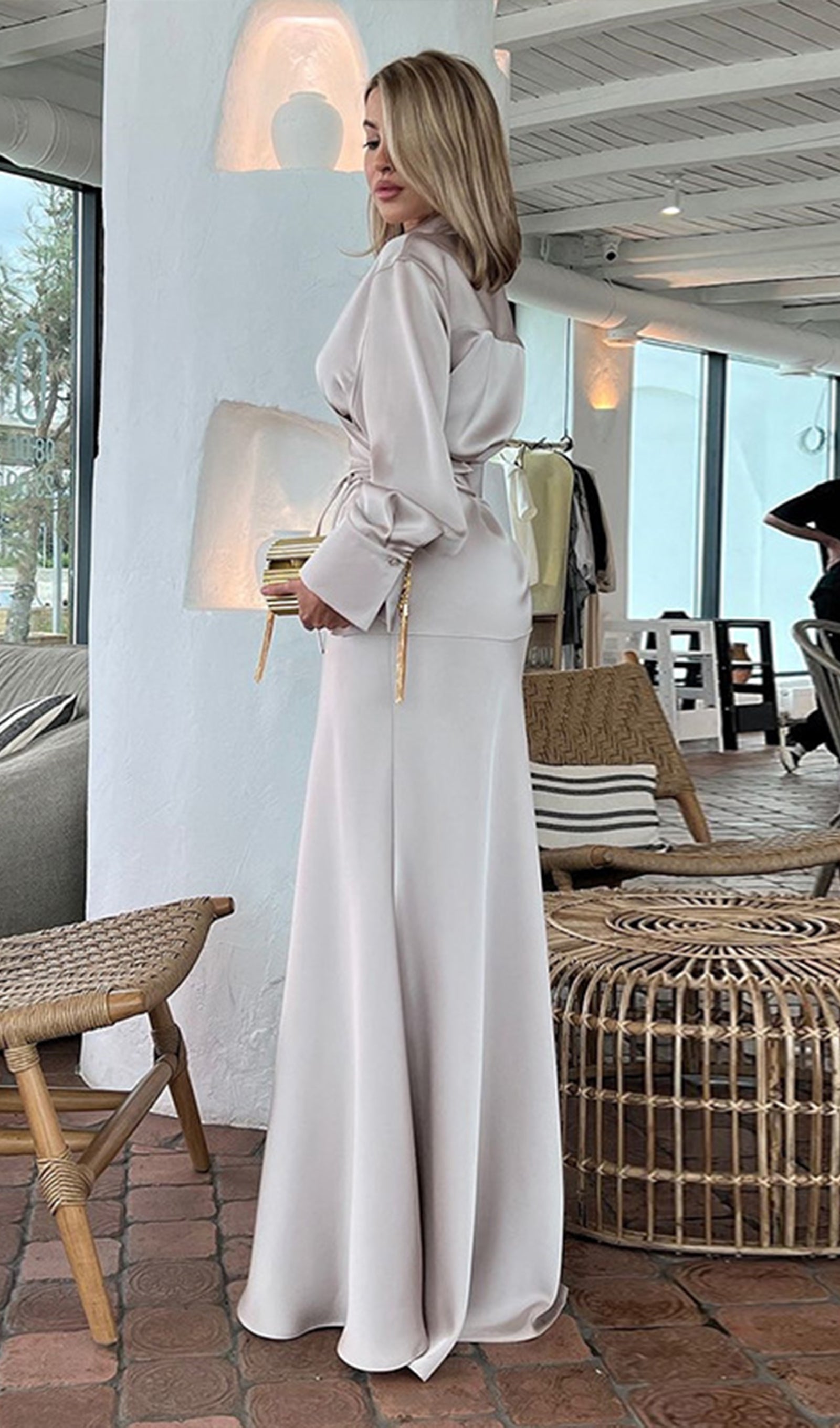 Düz Saten Gömlek Maksi Elbise