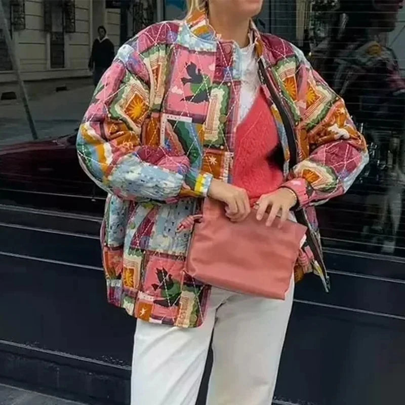 Vintage Baskılı Kapitone Ceket