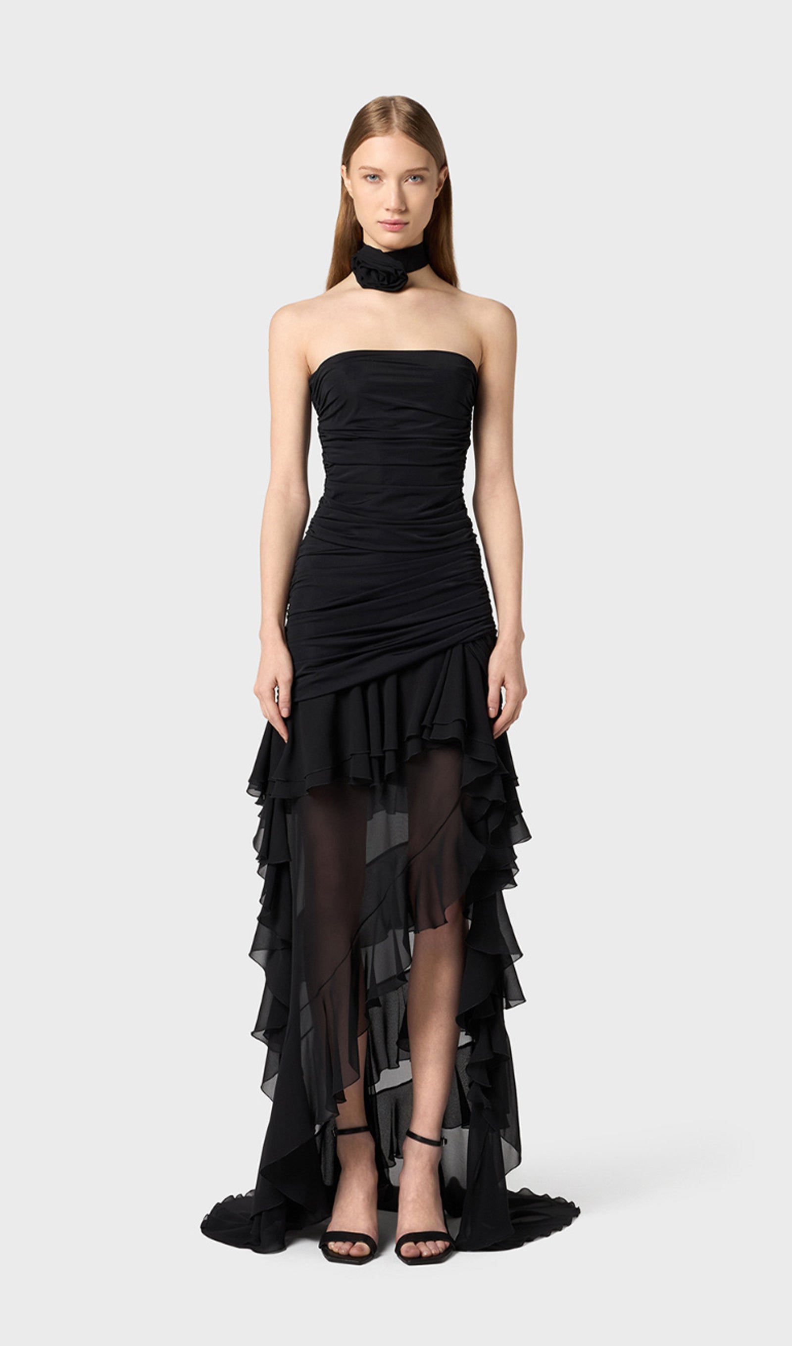 Büstiyer Şifon Fırfırlı Midi Elbise