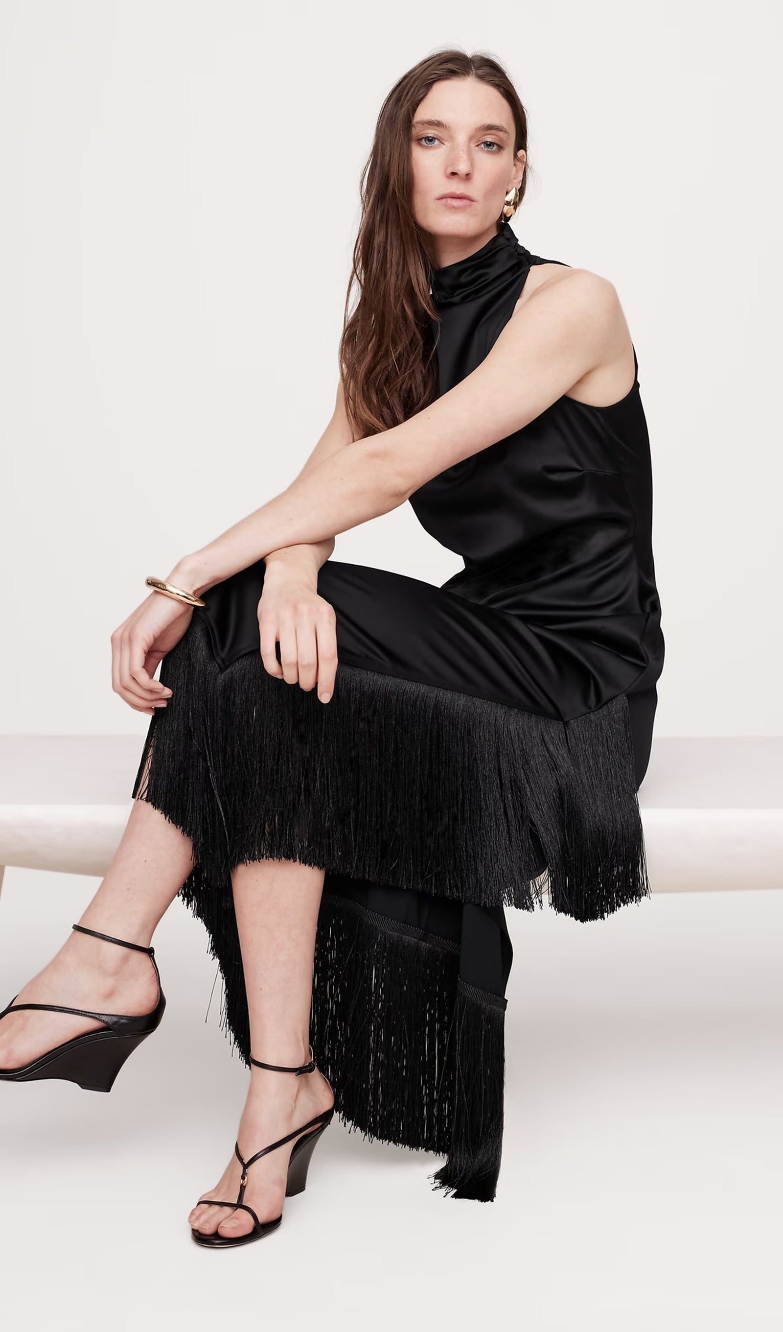 Püsküllü Saten Midi Elbise Siyah