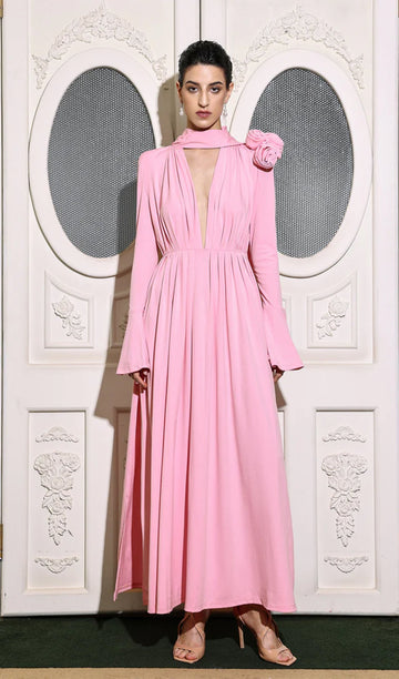 Çiçek V Yaka Pileli Yırtmaçlı Maksi Elbise-Pembe