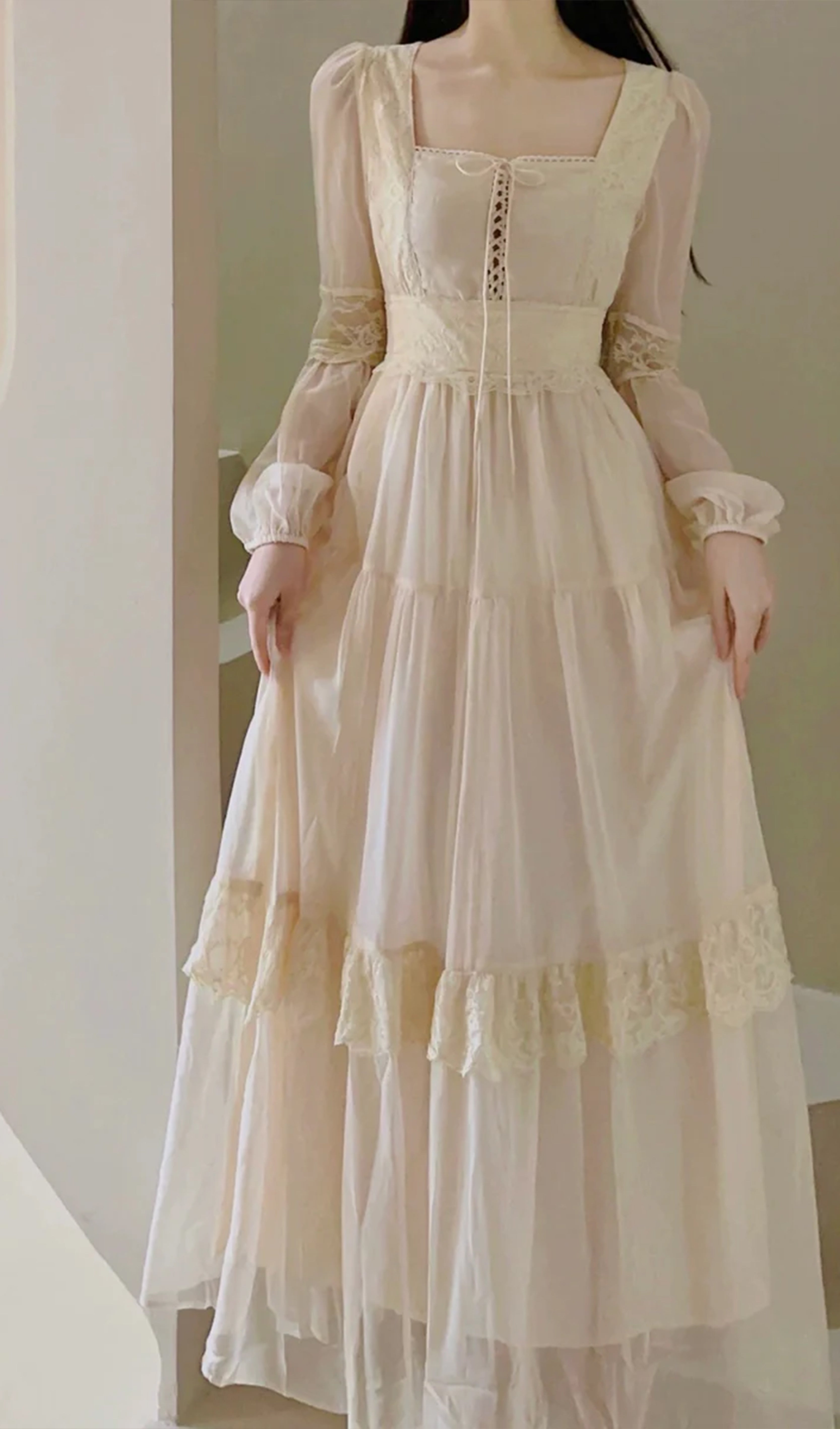 Vintage Kare Yaka A Line Maksi Elbise