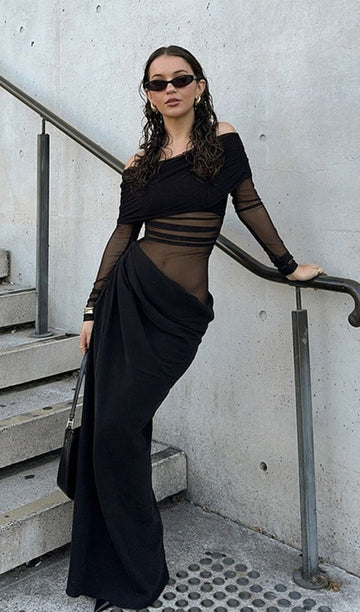 Kapalı Omuz Şeffaf Maksi Örgü Siyah
