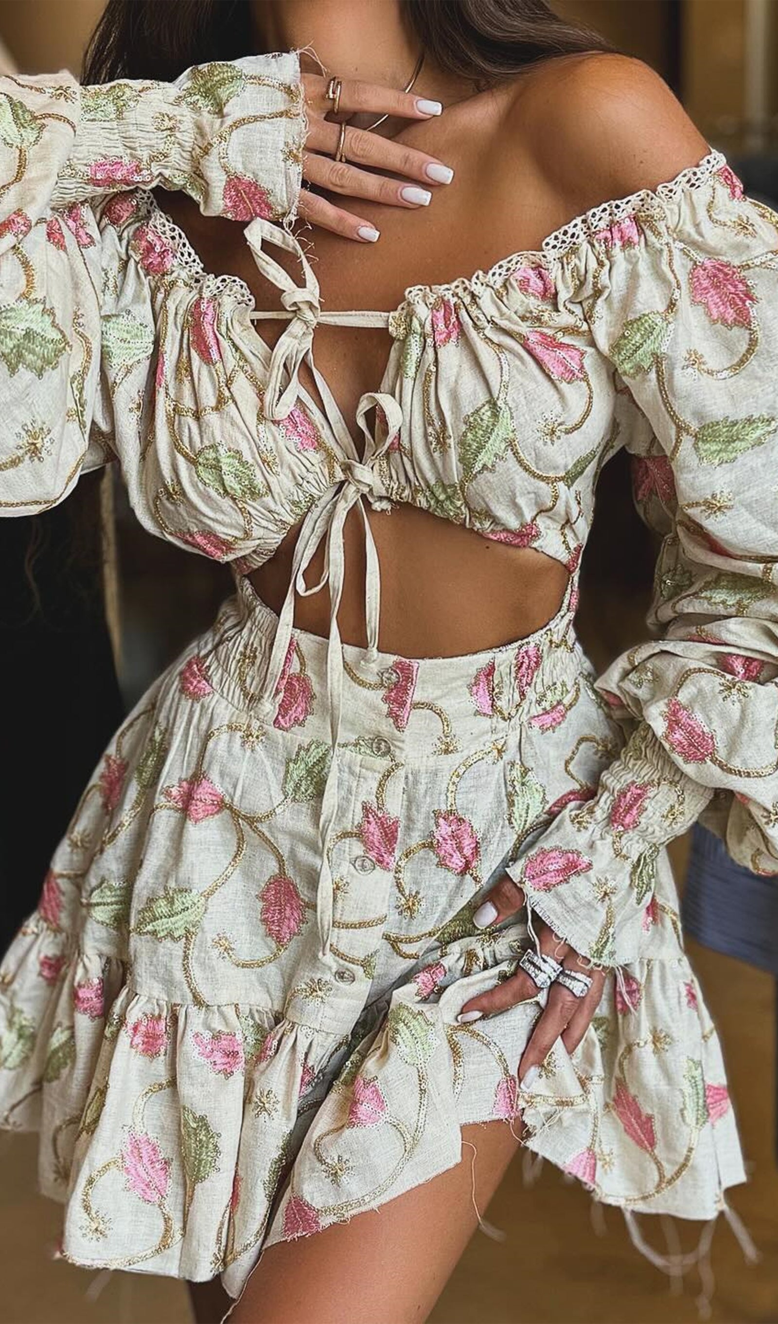 Dantelli Mini Elbise İki Parçalı Takım