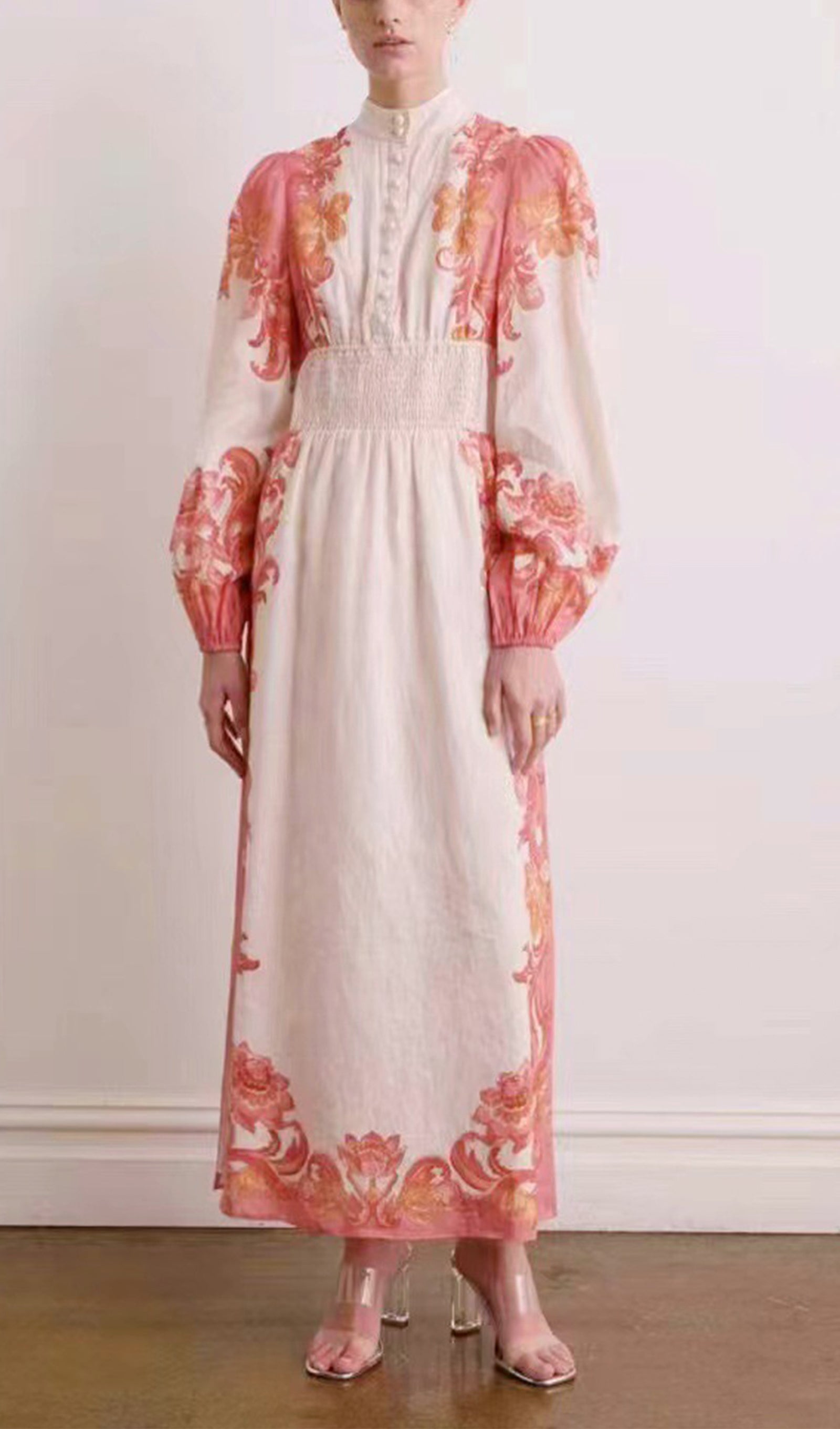 Uzun Kollu Çiçekli Fit ve Flare Maksi Elbise