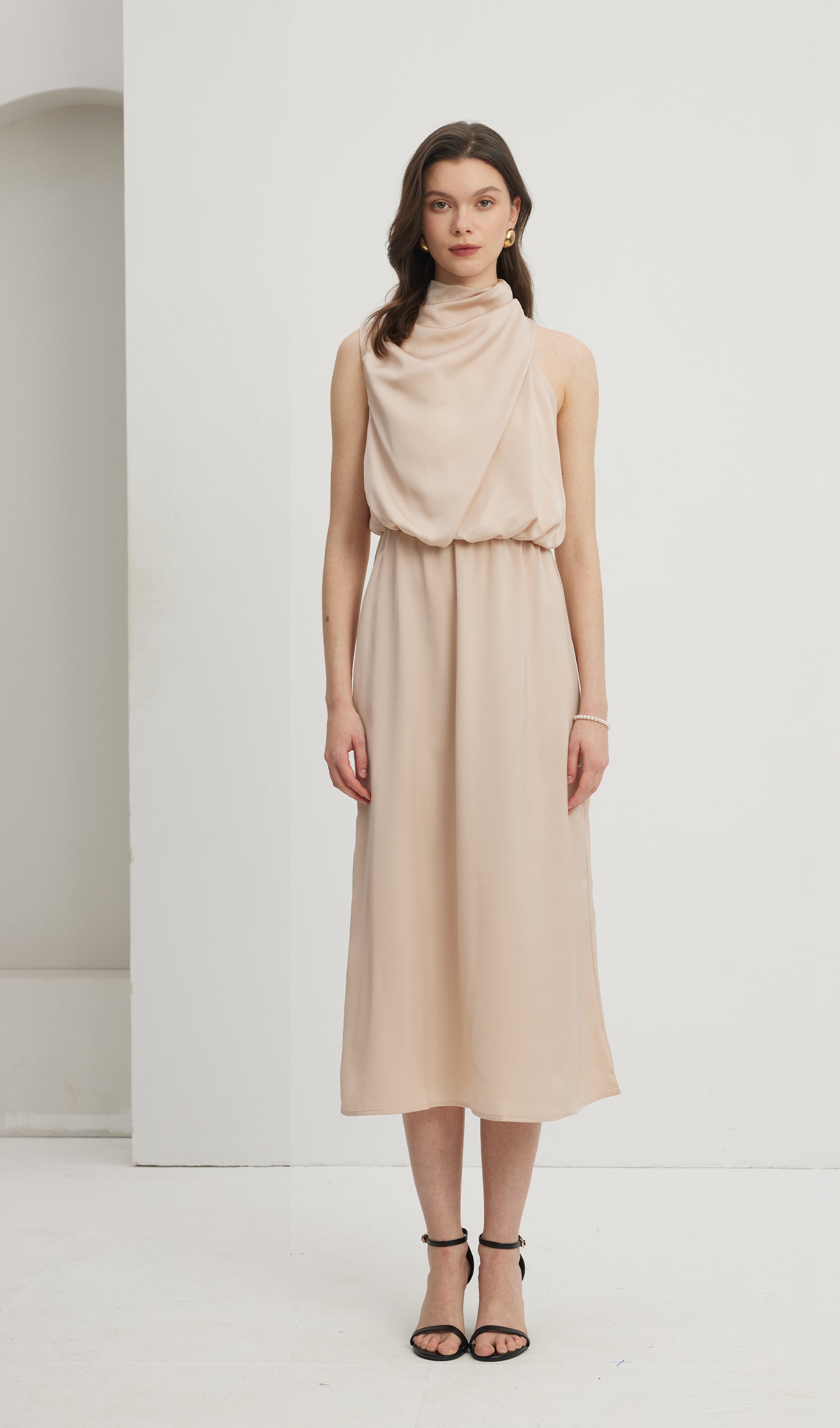 Asimetrik Saten Midi Elbise