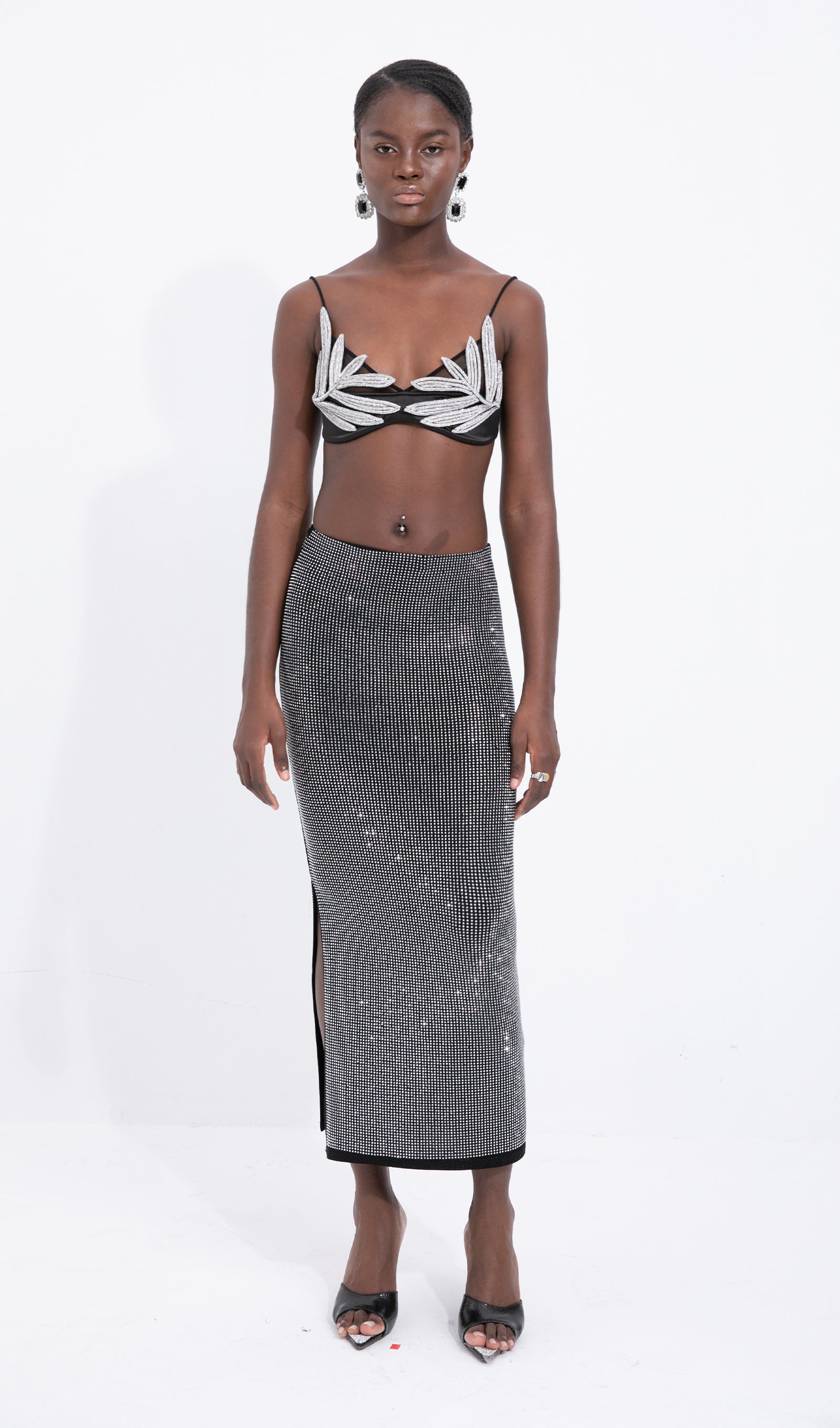 Gümüş Tonlu Boncuklu Midi Etek