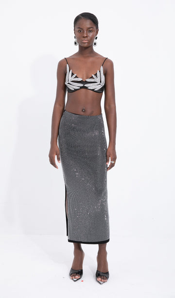 Gümüş Tonlu Boncuklu Midi Etek