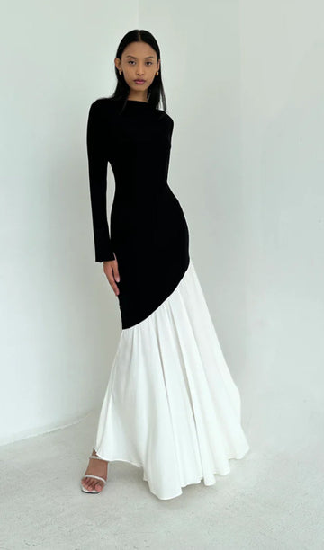 Asimetrik Siyah/Beyaz Colorblock Maksi Elbise