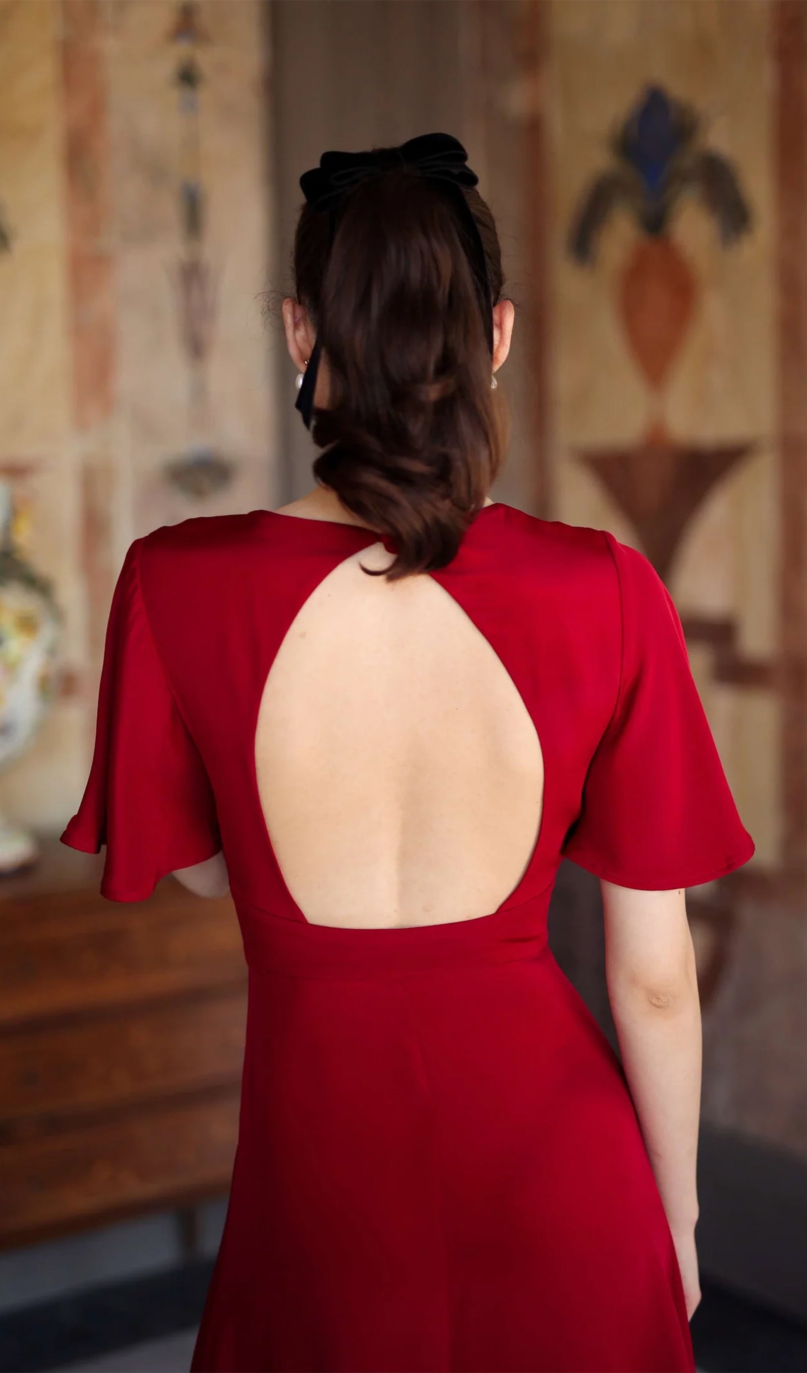 V Yaka Abiye Midi Elbise-Kırmızı