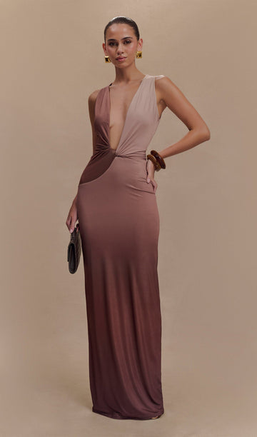 Drapeli Dar Maksi Elbise Mocha Ombre