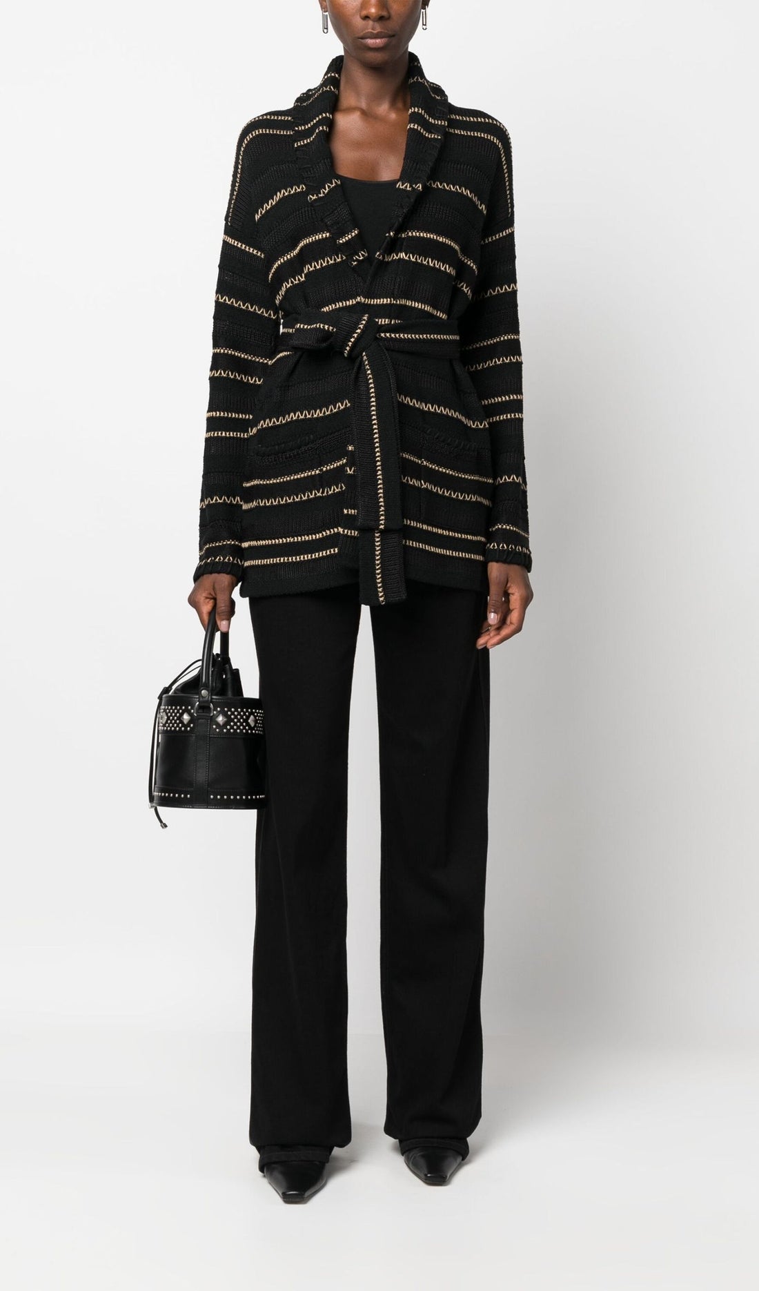 Kontrast Dikişli Kuşaklı Hırka