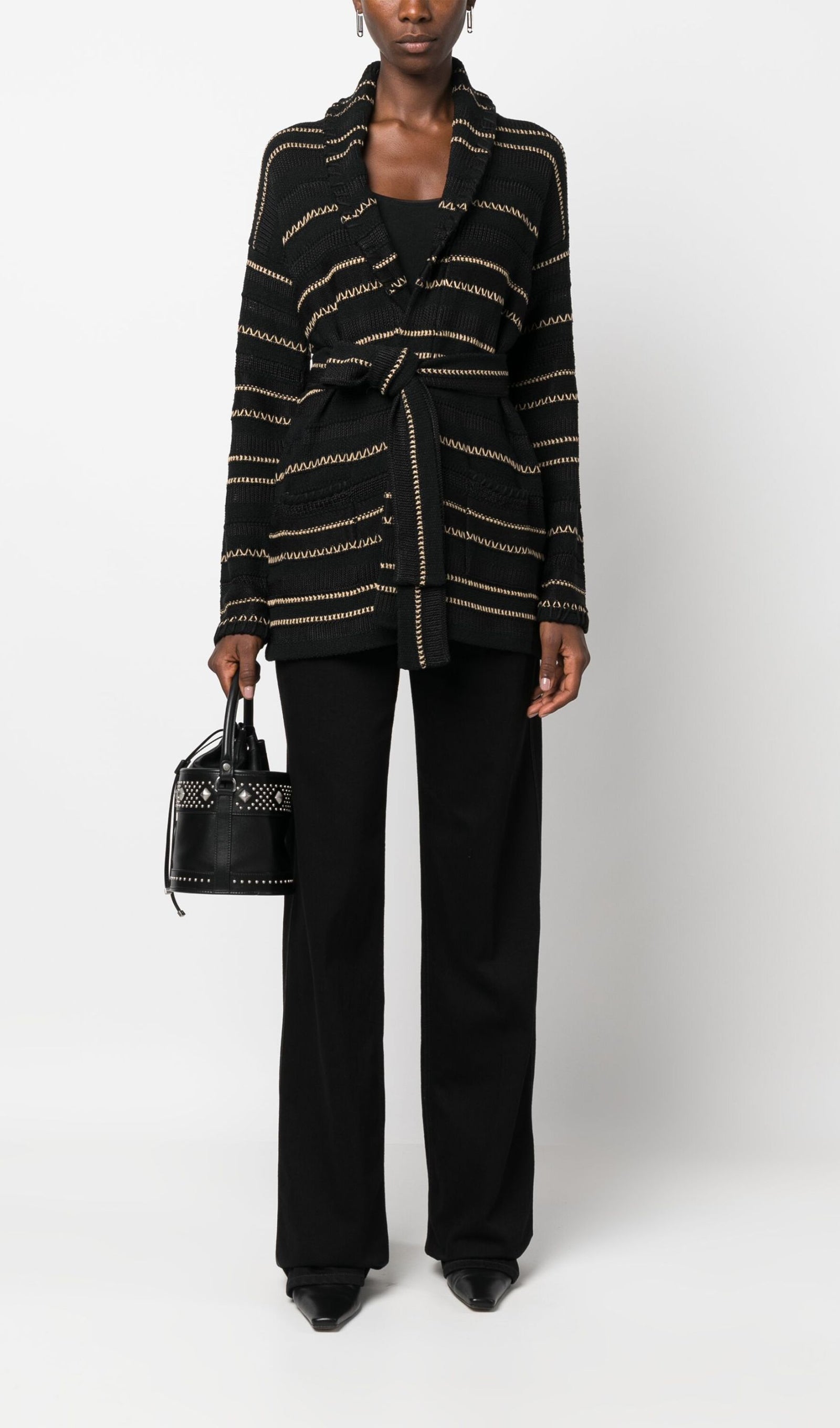 Kontrast Dikişli Kuşaklı Hırka