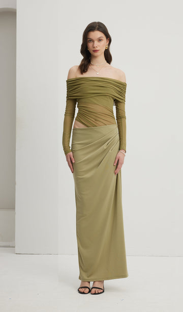 Kapalı Omuz Şeffaf Maksi Örgü Yeşil