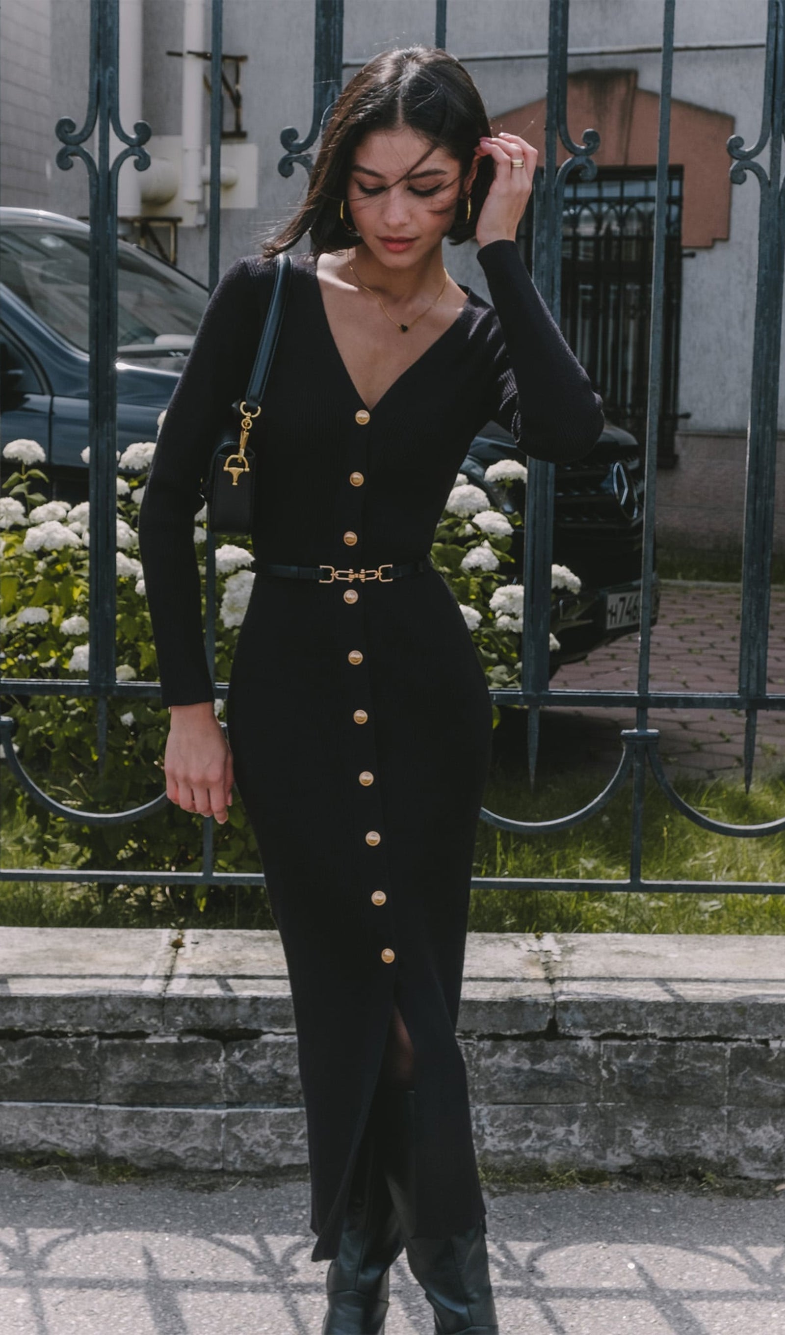 Örme V Yaka Midi Elbise -Siyah