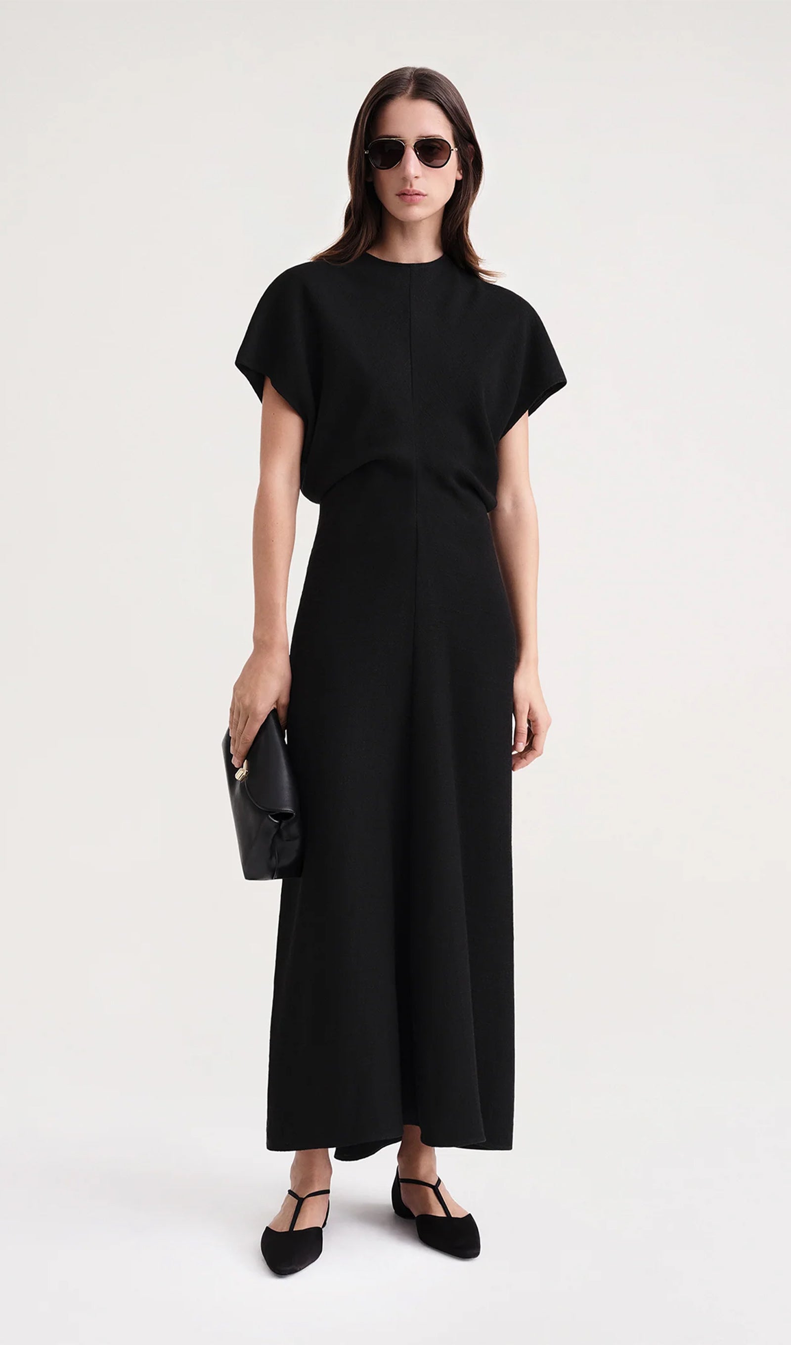 Slouch Bel Saten Midi Elbise-Siyah