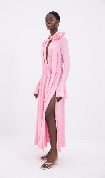 Trendy V Yaka Pileli Yırtmaçlı Maksi Elbise-Pembe