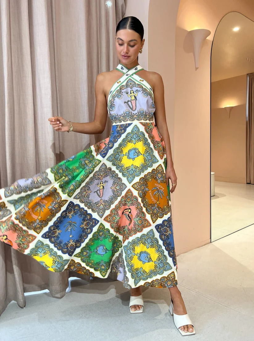 Paisley Saten Çiçekli Maksi Elbise