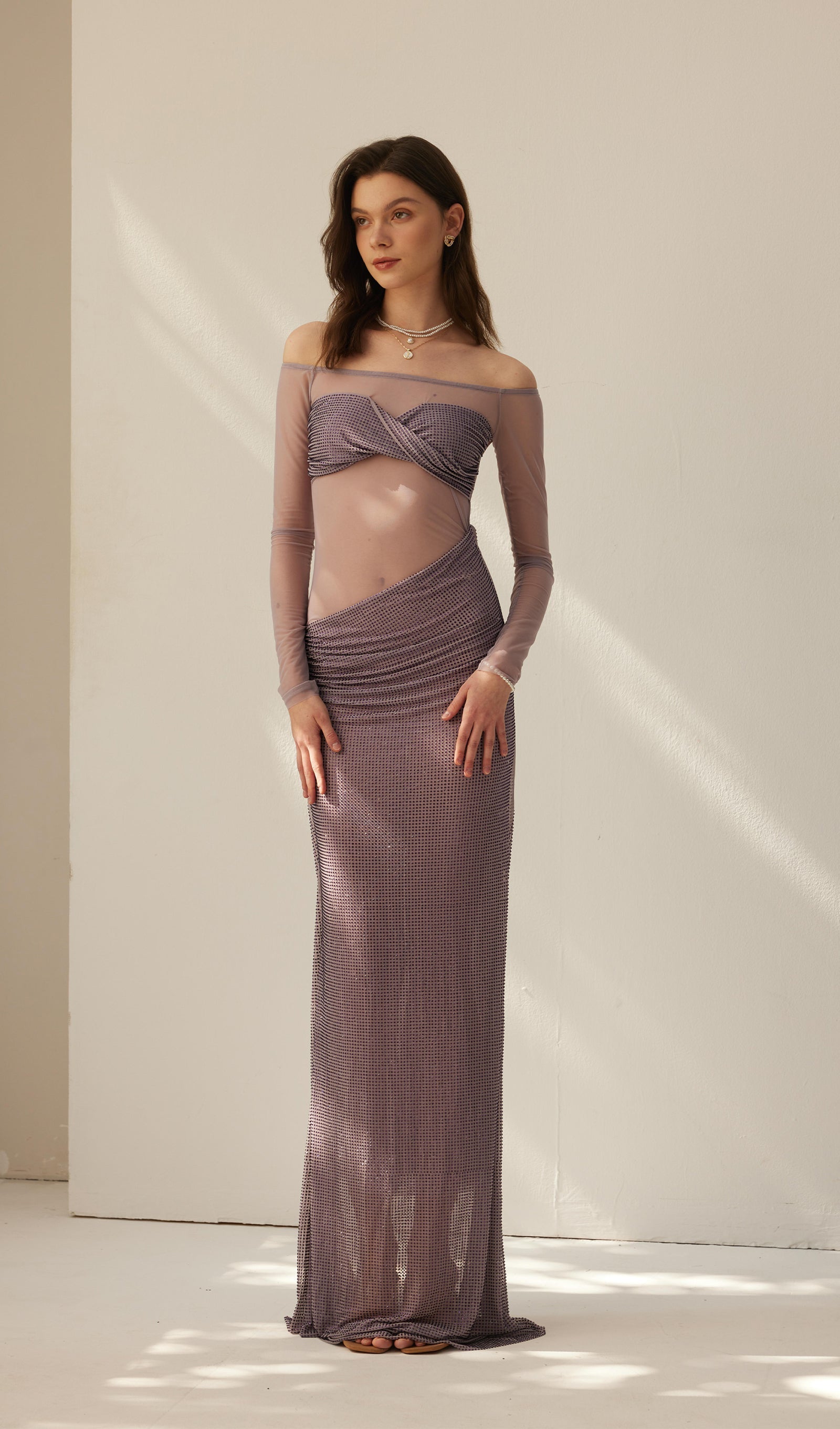 Diamante Kapalı Omuz Maksi Elbise - Gri Mor