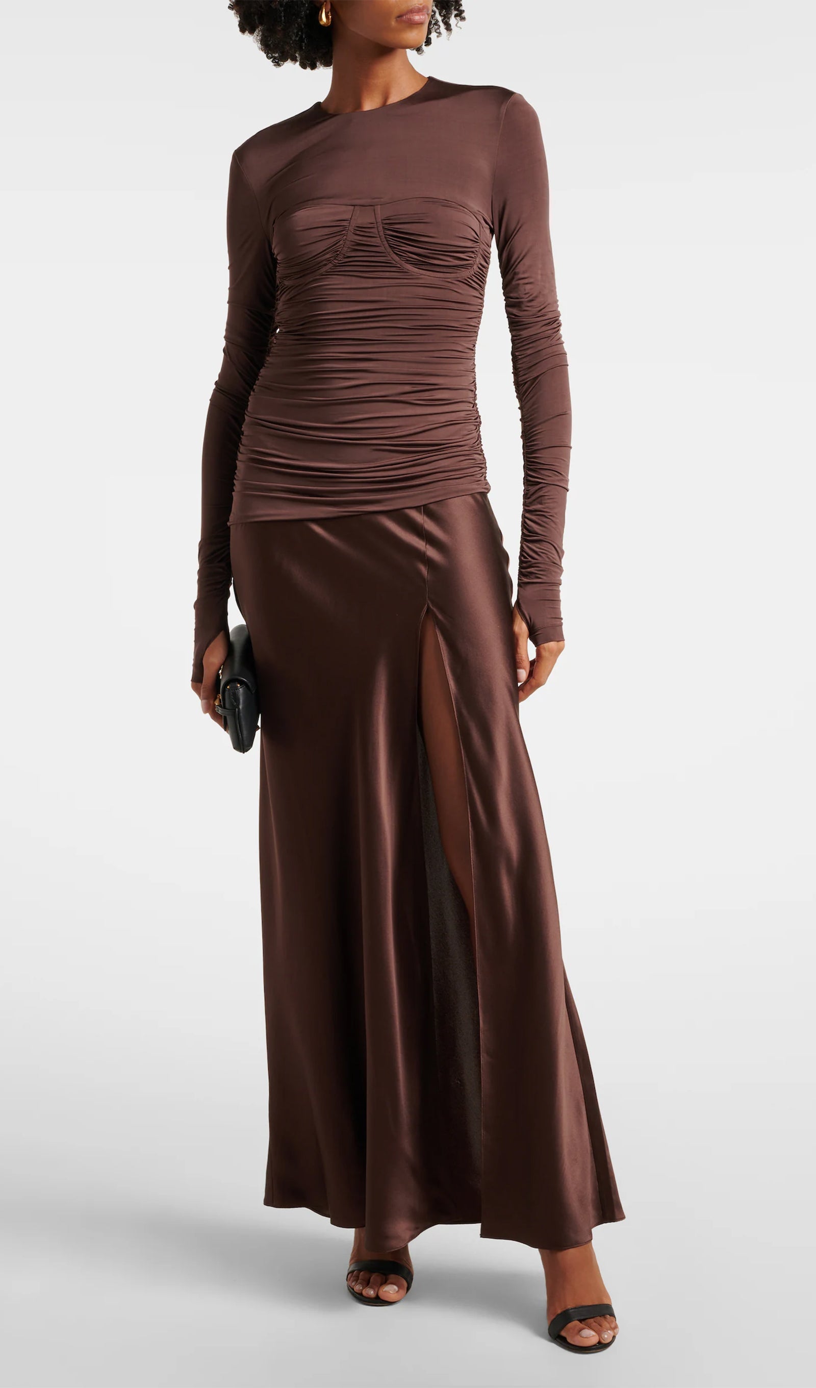 Drapeli Jersey ve Saten Maksi Elbise-Kahverengi