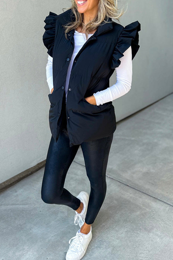 Rahat Dik Yaka, Düğmeli Çift Cepli, Uçuşan Fırfırlı Kollu Yelek