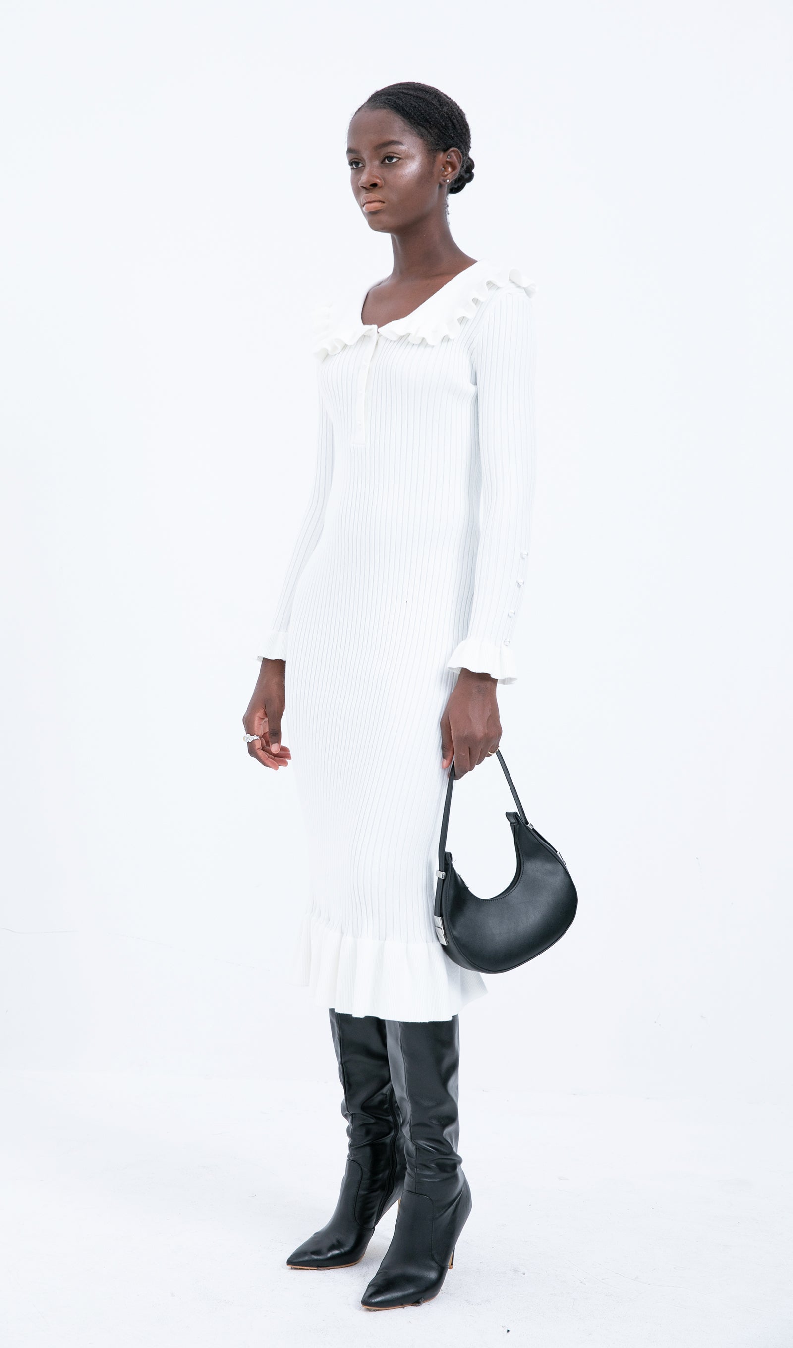 Trendy Örme Fırfırlı Midi Elbise-Beyaz