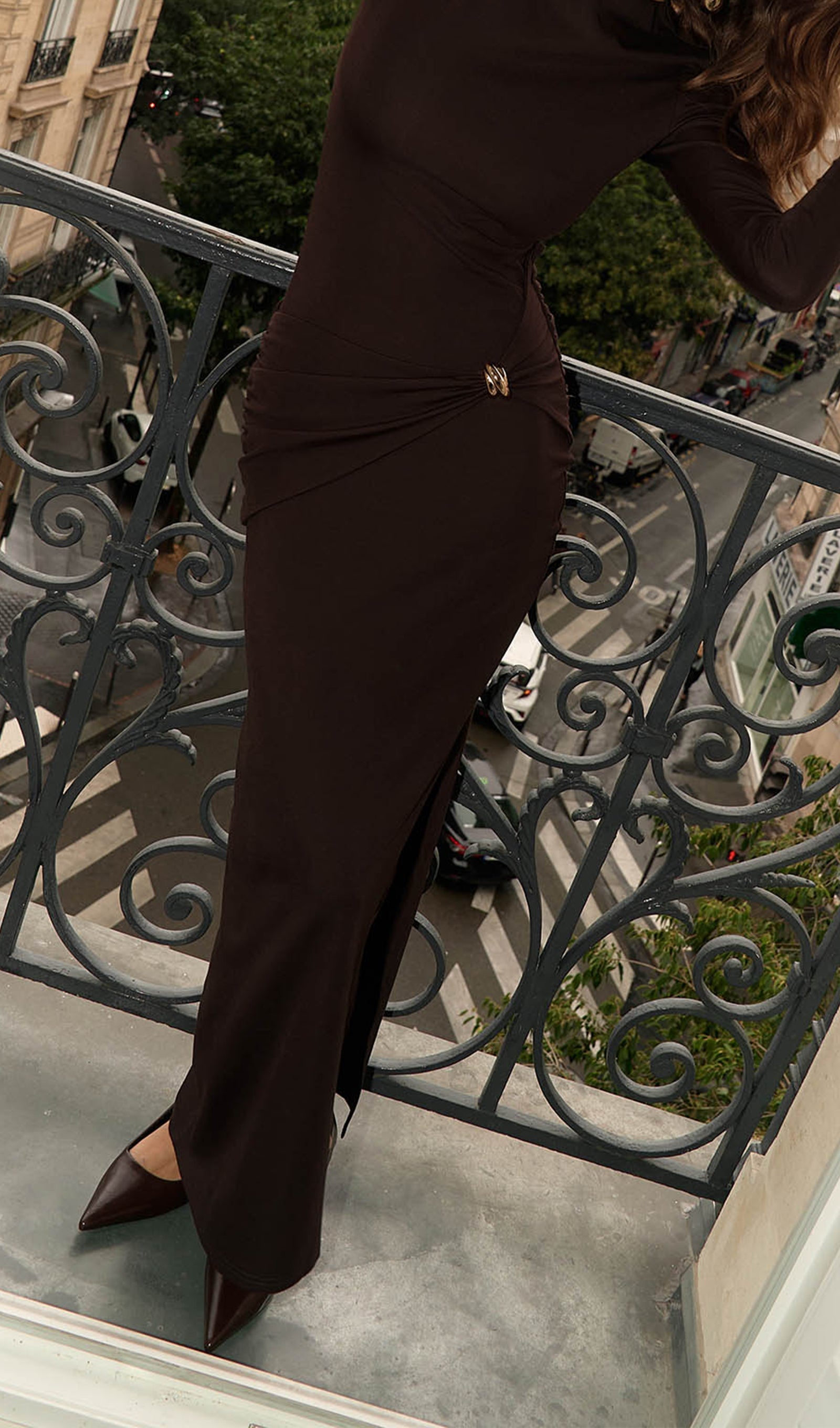 Jersey Seductive Fitted Maksi Elbise-Kahverengi