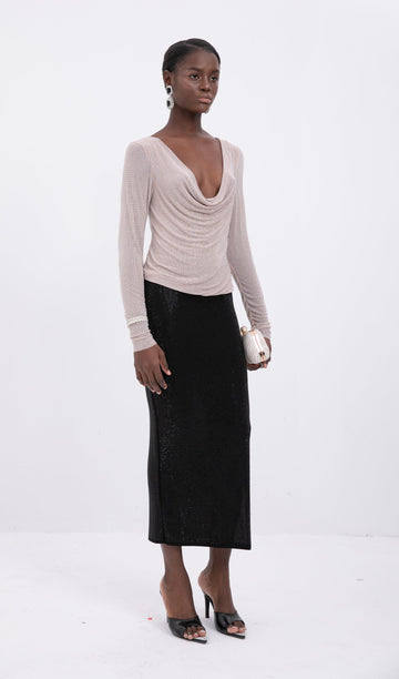 Siyah Tonlu Boncuklu Midi Etek