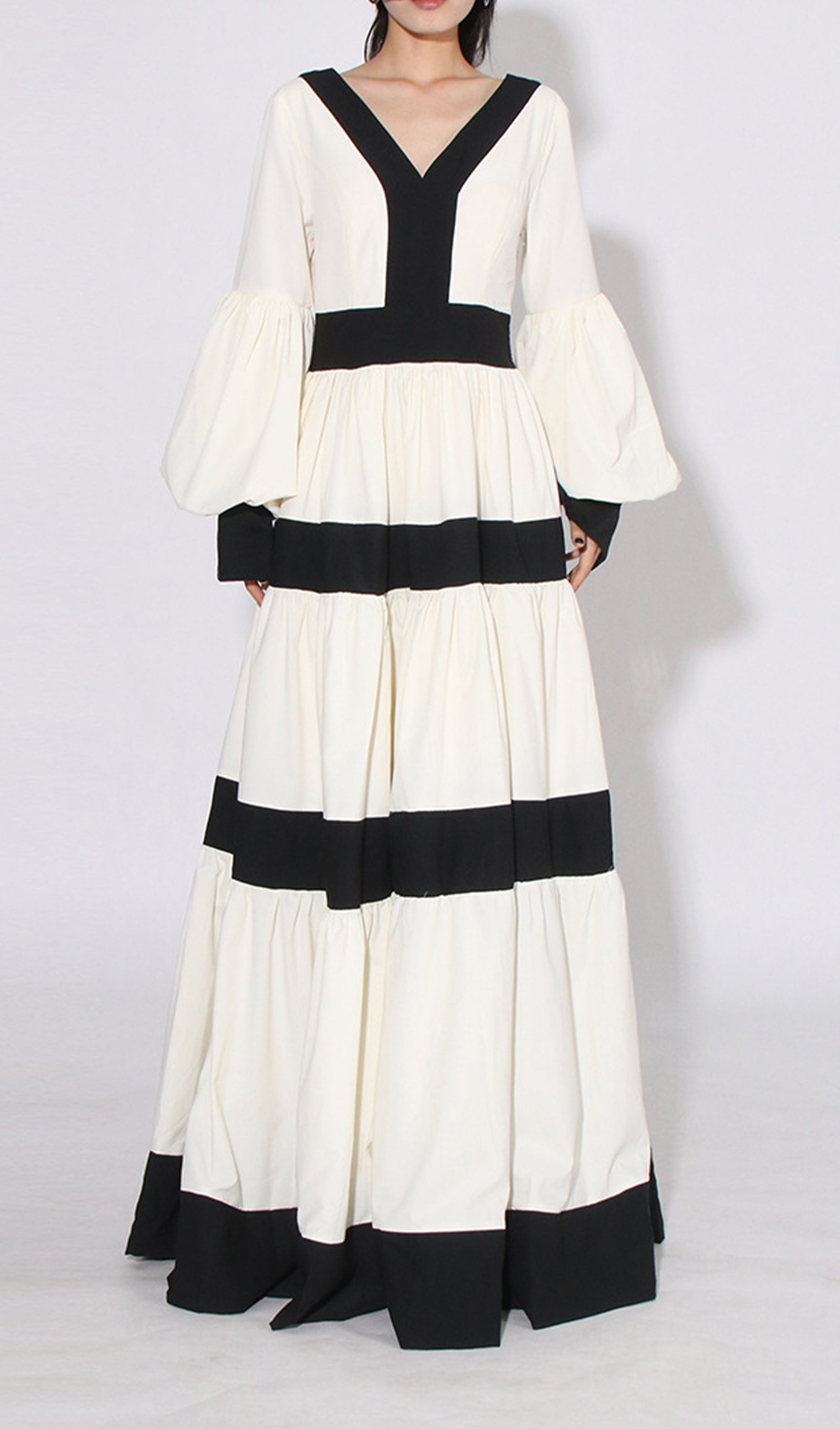 Siyah Beyaz Patchwork Maksi Elbise